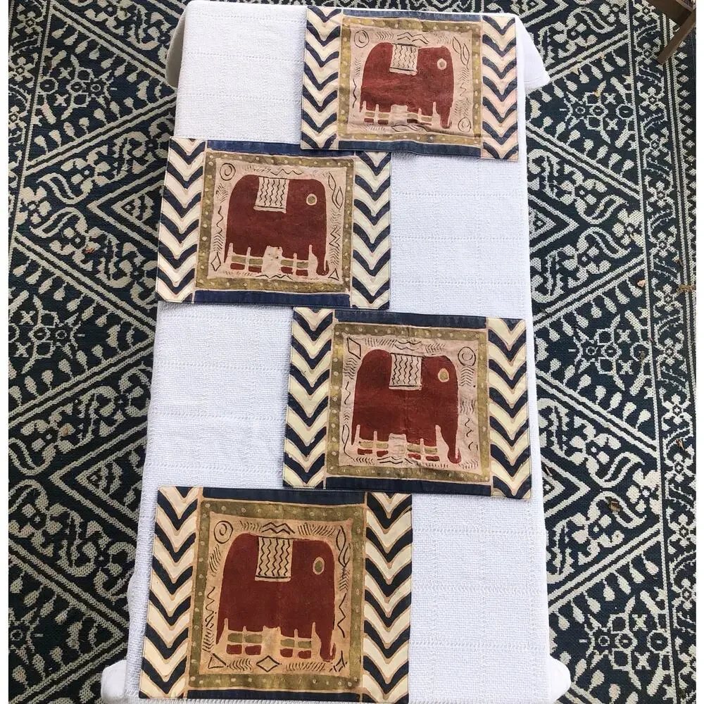 Vintage Hand-painted Elephant Placemats‎ Set of 4 16x12 Bohemian Boho Home Decor